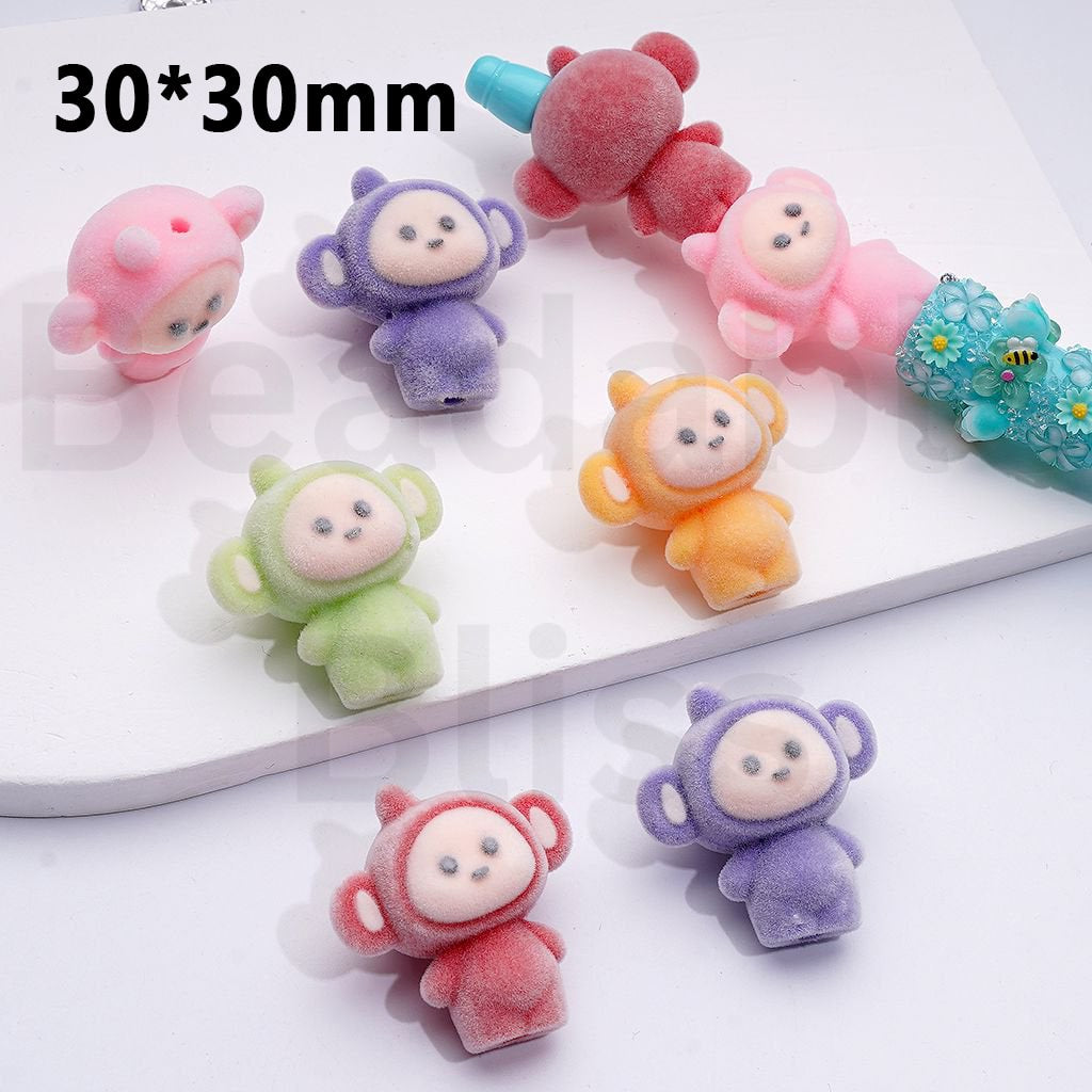 Cute Fluffy Fuzzy Teletubb Cartoon Acrylic Beads, Around 30*30MM, Random Mix