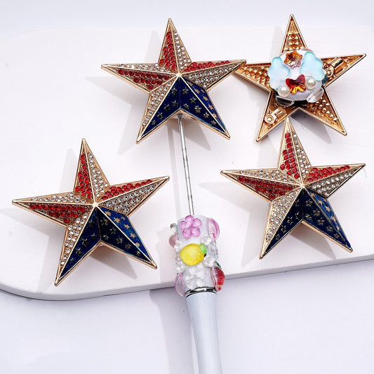 Exquisite Fancy Gold Alloy USA American Flag Design Star with Shiny Rhinestones Cute Butterflies Snowflakes White Pearls Clay Beads, Around 58MM
