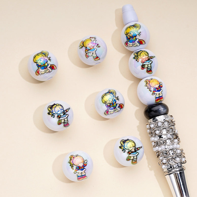 UV仕上げ キュートガール レインボーブリット ホワイト ラウンドアクリルビーズ 16mm ランダムミックス