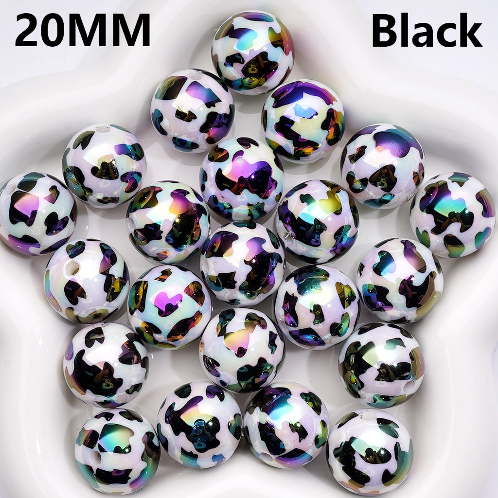 Acrylic Beads, UV Coating Black Brown Cow Prints White 20MM
