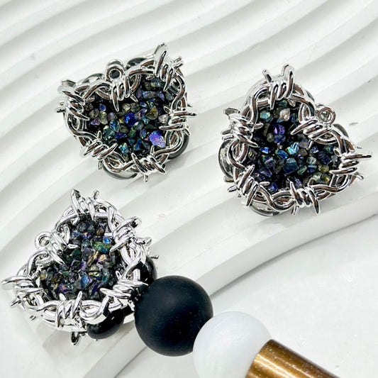 Delicate Silver Alloy Black Heart Clay Beads with Shiny Rhinestones Mini Stones Black Oval Pearls, Around 26*29MM