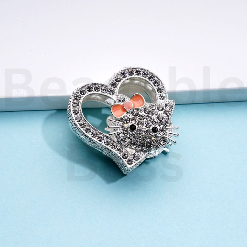 Vivid Cute Silver Alloy Heart HK Kitten with Clear Rhinestones Beads, Around 27*28MM