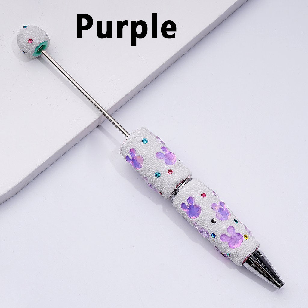 Beadable Clay Pens with Cute Bunny Heads Colorful Shiny Rhinestones Mini Snow Balls Covered the Entire Pen