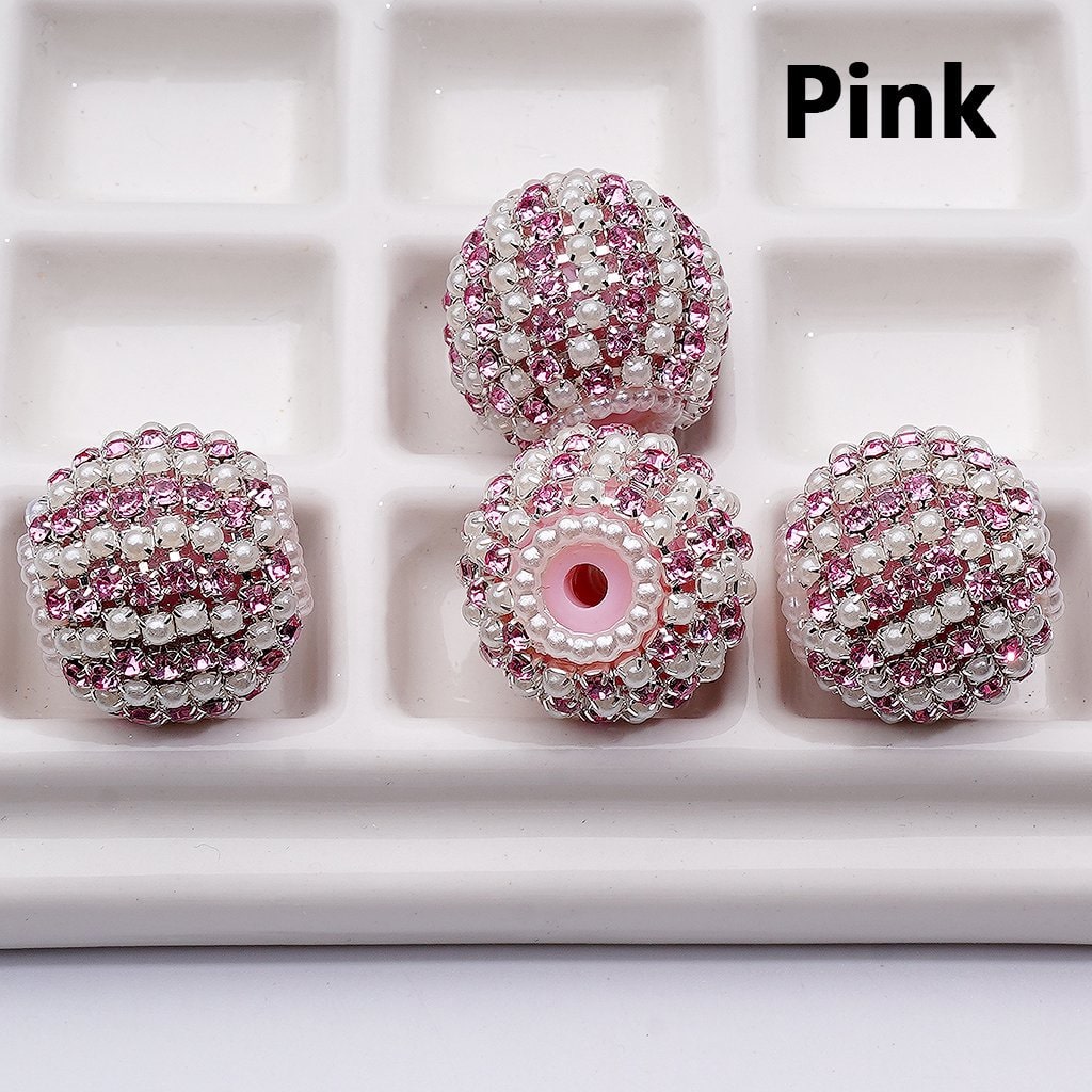 Multi-Color Shiny Rhinestones White Pearls Round Acrylic Beads, 20MM