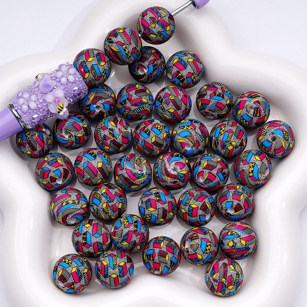 Abstractive Building Blocks Bricks Printed Silicone Beads 15MM, Number Z-00250