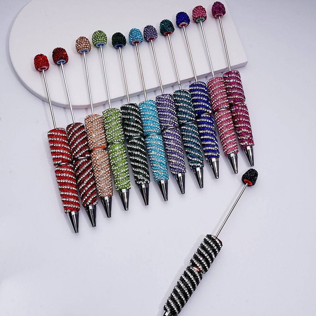 Beadable Clay Pens with Striola Oblique-Stripe Double Color Rhinestones Covered the Entire Pen