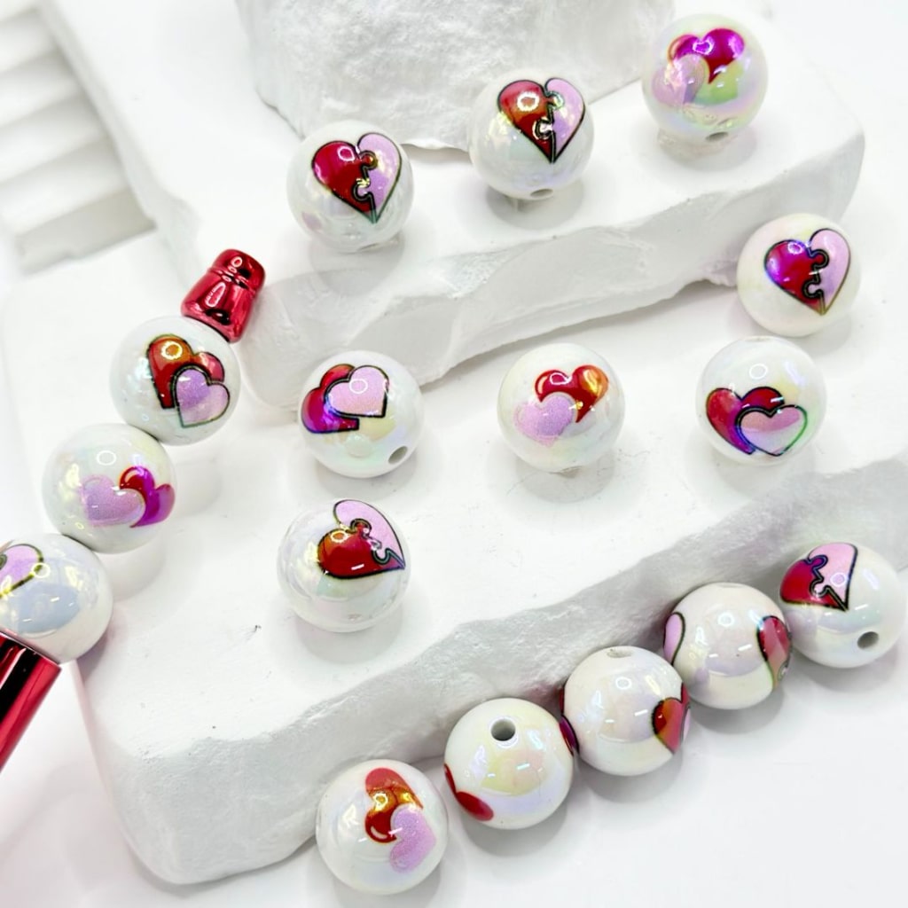 UV Finish Pink & Red Hearts Love Valentines White Round Acrylic Beads, 16MM
