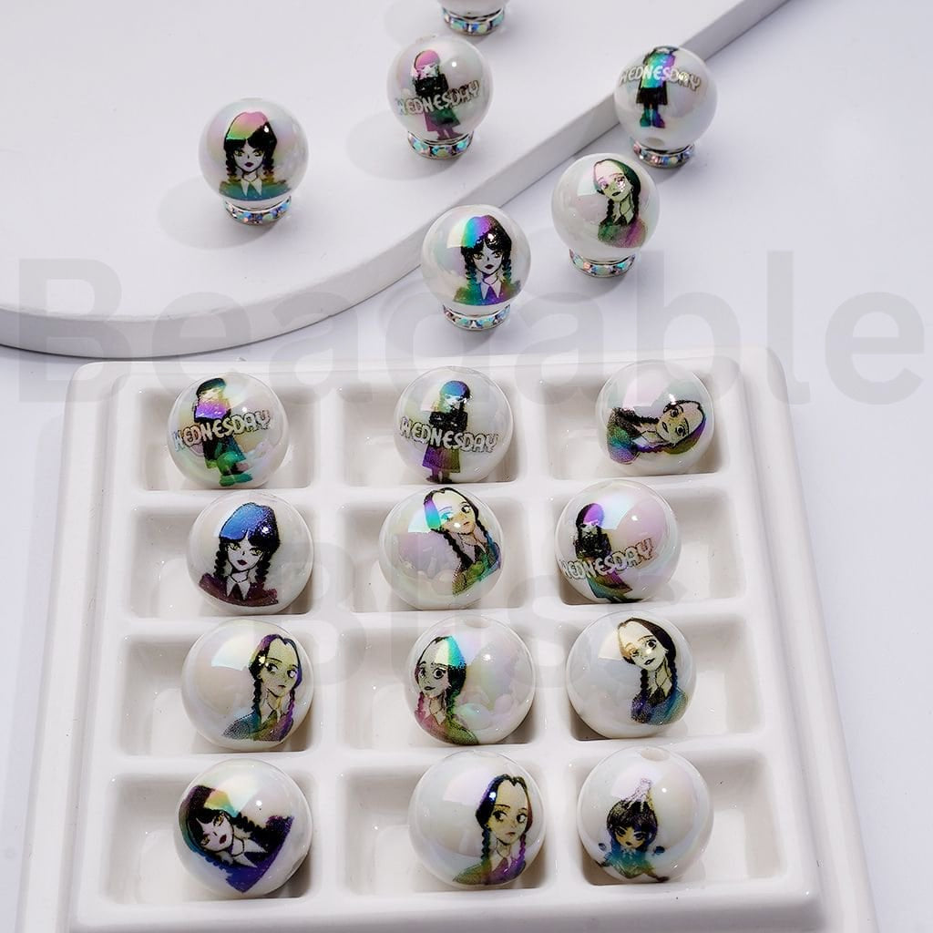 UV Coating Wednesda American Comedy Horror Television Series Round Acrylic Beads, 16MM, Random Mix