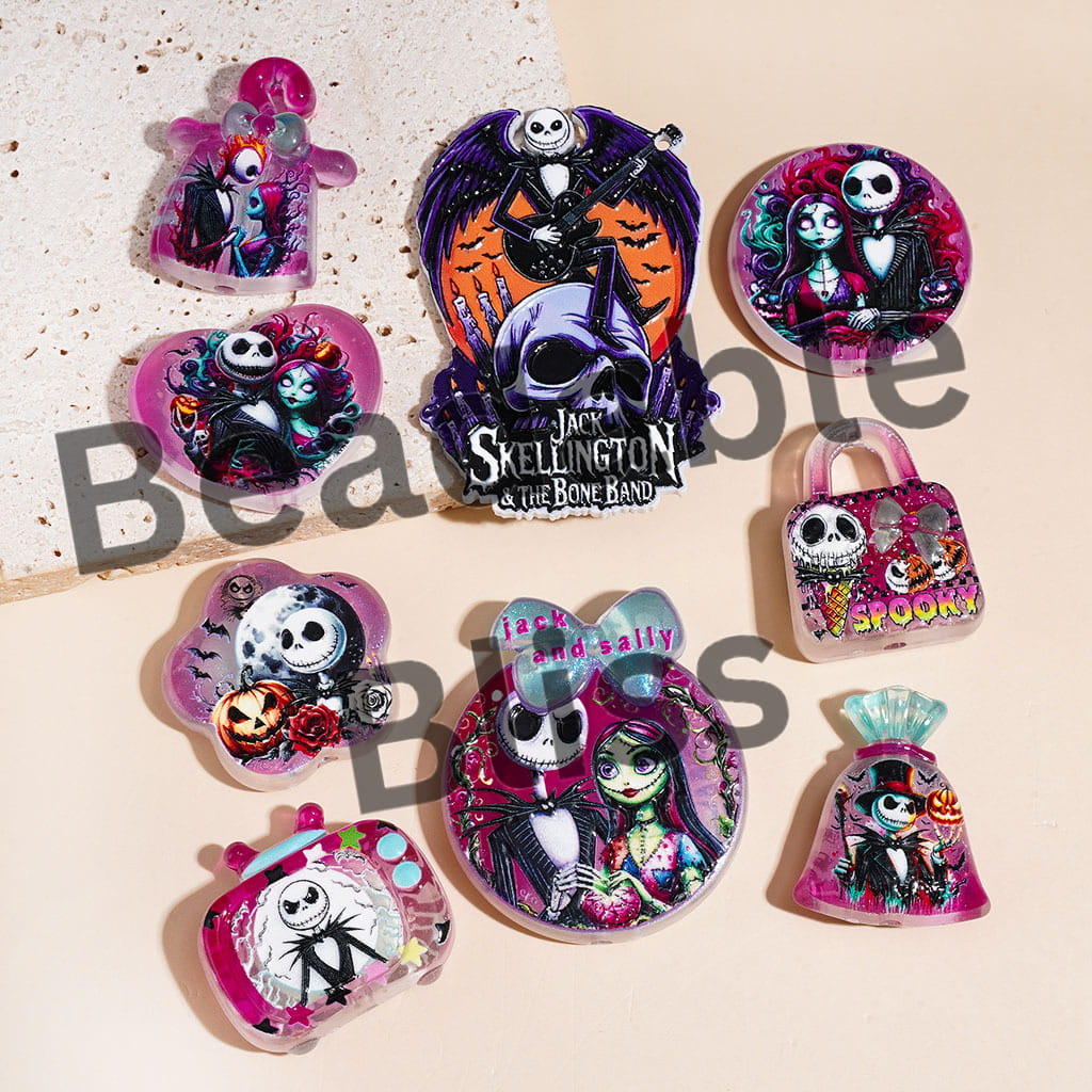 Skull Skeleton Couple Character Halloween Theme Acrylic Beads and Pendants, Random Mix