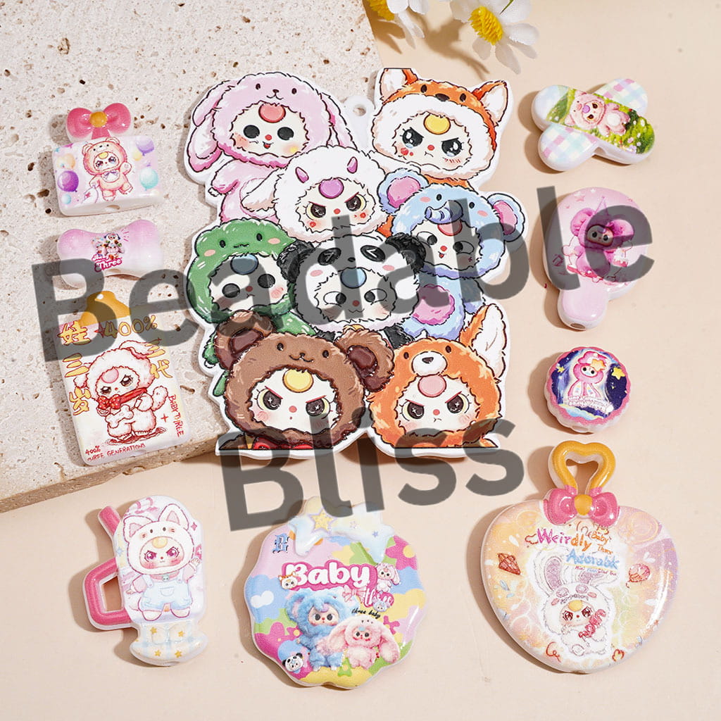 Acrylic Beads Pendants Three Years Baby Doll Prints Series, Various Shapes, Random Mix