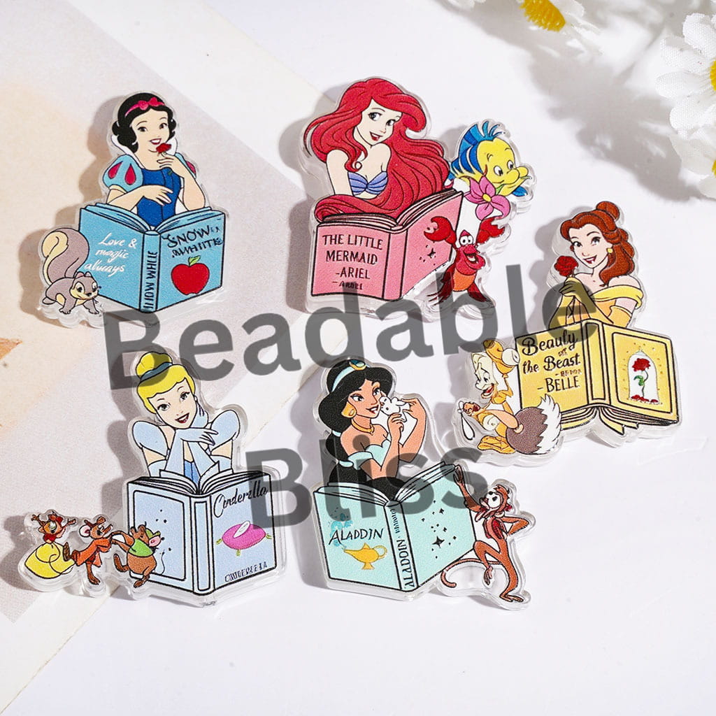 Classic Beautiful Princess Character with Book Animal Acrylic Beads, Semi-Clear, Random Mix