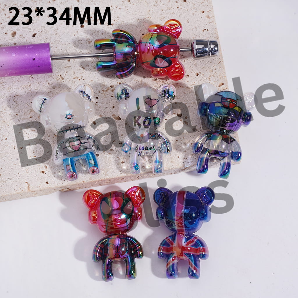 Acrylic Violent Bear Beads with National Flag Web Hero Character Patterns, 23*34MM, Random Mix