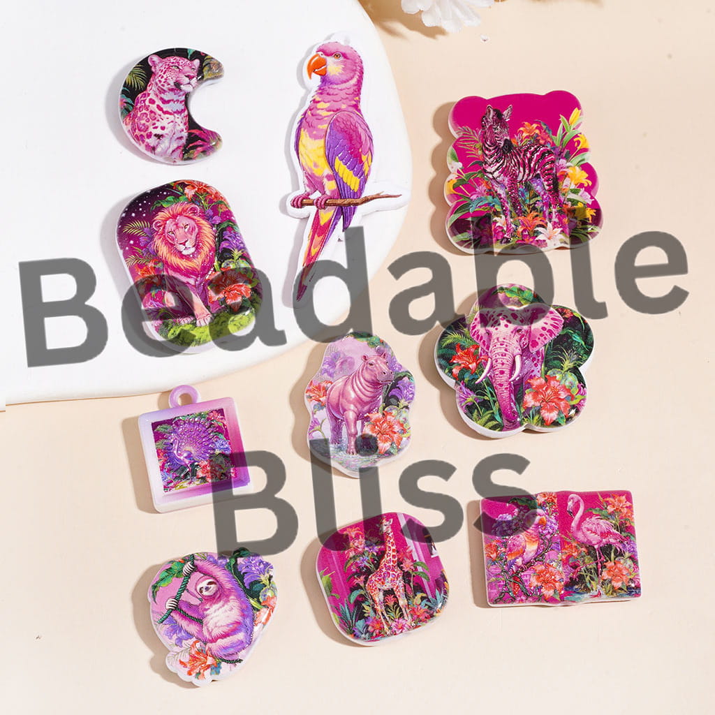 Acrylic Beads Pendants Animal Theme Birds Sloth Elephant Leopard Lion Peacock Zebra, Random Mix