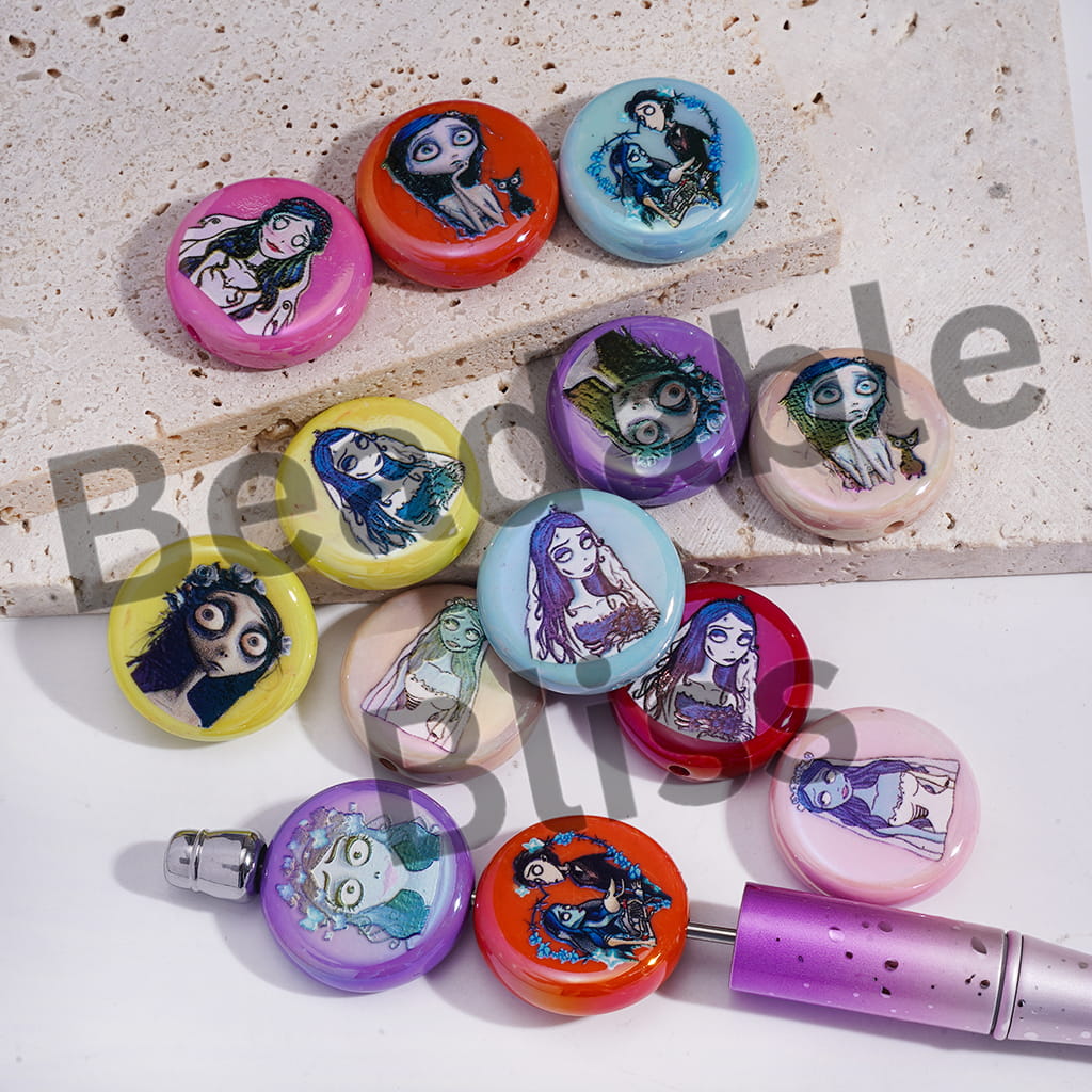Acrylic Beads UV Coating with Halloween Skeleton Couple Character Patterns, Flat Round Shape, 23MM, Multi-Color, Random Mix