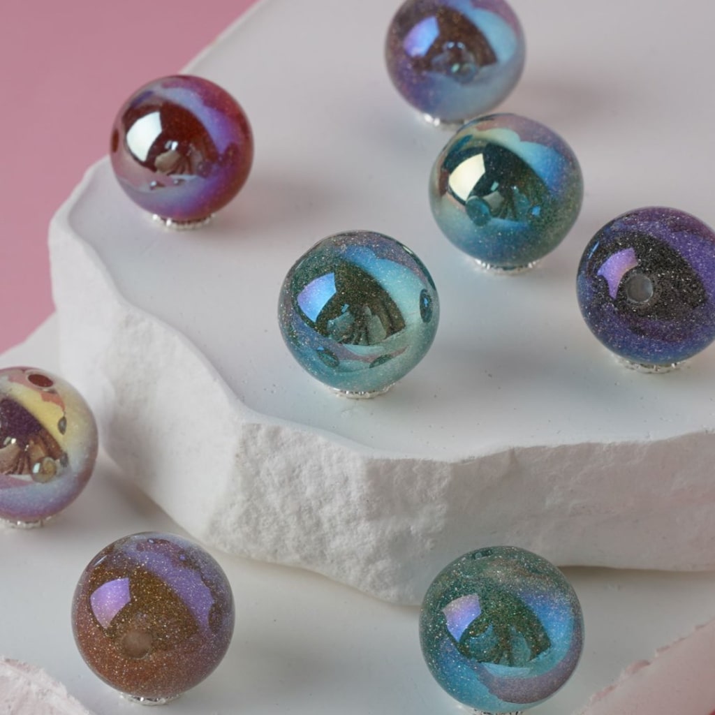 UV Finish Shiny Small Glitter Round Acrylic Beads, 16MM, Random Mix