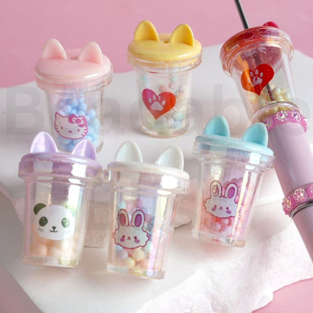 Cute cat character Panda Bunny Paw Print Heart Design Clear Cup Bottle with Cat-Ear Style Lid Small Ring Colorful Mini Balls Inside Acrylic Beads, Random Mix, Around 34*22MM