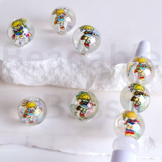UV Coating Cute Rainbow Brit Girl Clear Round Acrylic Beads, 16MM, Random Mix