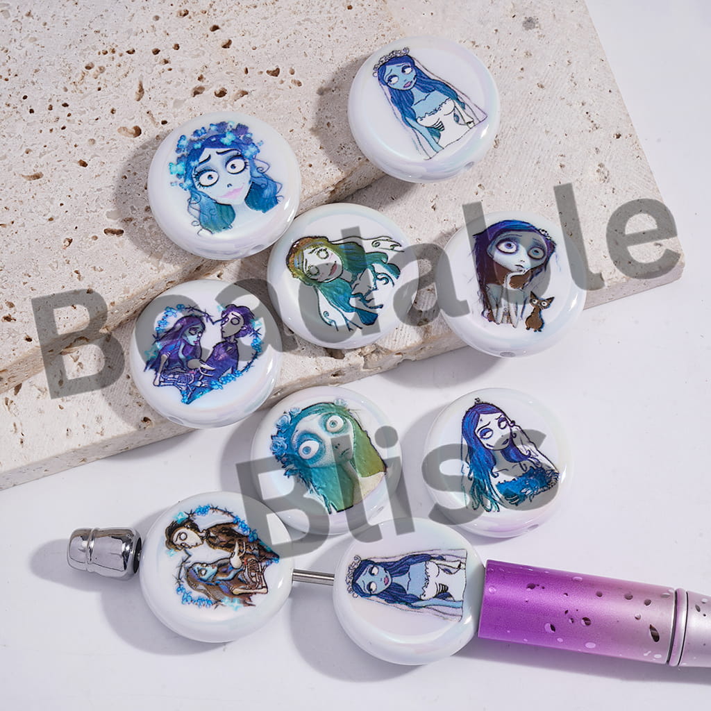 Acrylic Beads UV Coating w Halloween Skeleton Couple Character Prints, Flat Round Shape, White Background, 23MM, Random Mix