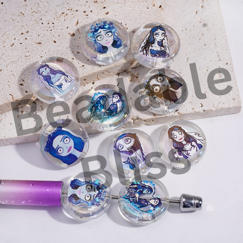 Acrylic Beads UV Coating w Halloween Skeleton Couple Character Prints, Flat Round Shape, Clear Background, 23MM, Random Mix