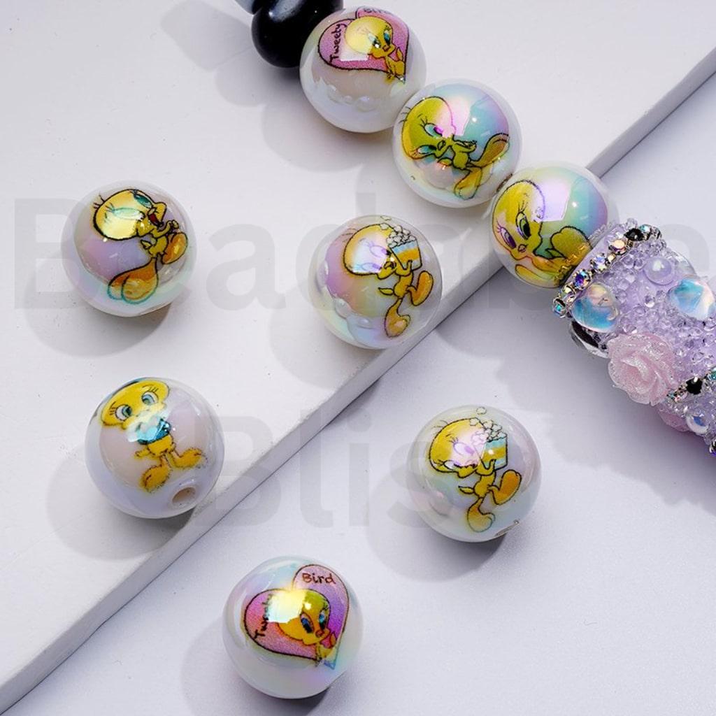 UV Coating Cute TweetyBir White Round Acrylic Beads, 16MM, Random Mix