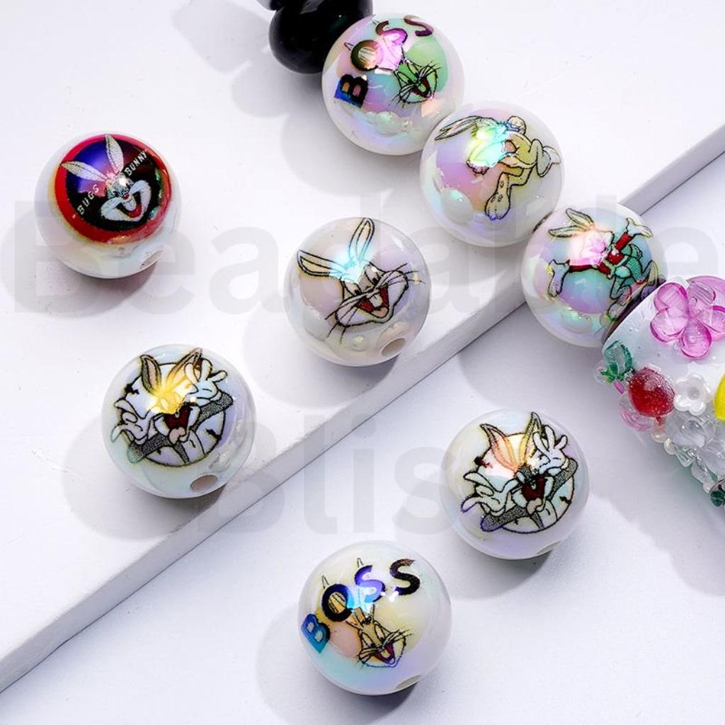 UV Coating Bu Bunny White Round Acrylic Beads, 16MM, Random Mix