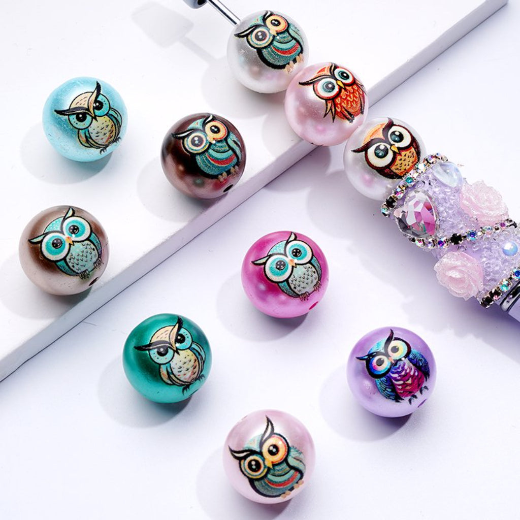 Glossy Cute Owls Birds Colorful Round Acrylic Beads, 16MM, Random Mix