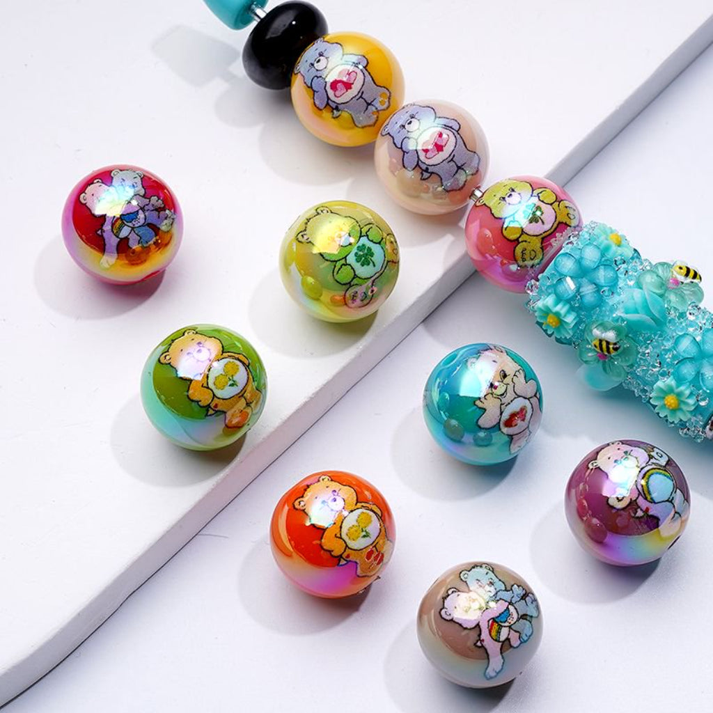 UV Coating Cute Care Bea Colorful Round Acrylic Beads, 16MM, Random Mix