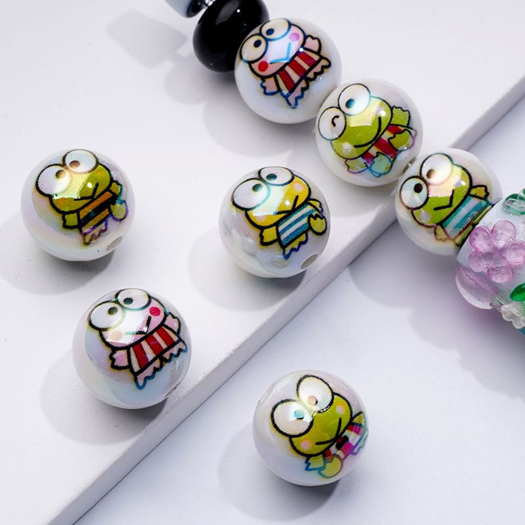 UV Coating Cute Frog Keropp Sanri White Round Acrylic Beads, 16MM, Random Mix