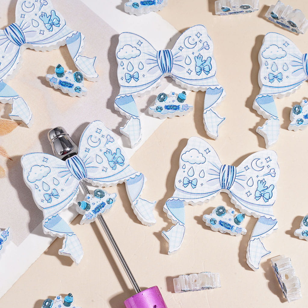 Acrylic Beads Weather Theme and Blue Plaid Patterns Bowtie and Dessert Decoration (Please Read Description)
