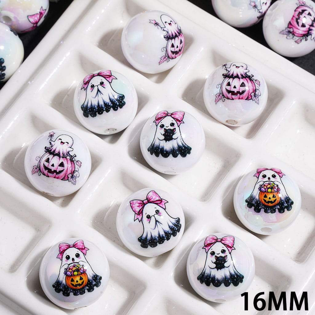 UV Coated Acrylic Beads Halloween Ghost Pumpkin Bat Pink Bow Prints, 16MM, Random Mix