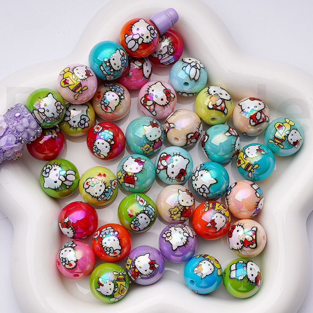UV Coating Cute Cat Character Round Acrylic Beads in Solid Color, 16MM, Random Mix
