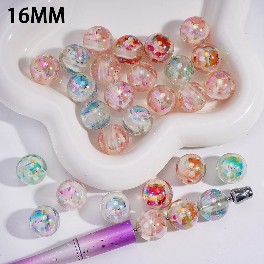 Acrylic Beads for Bracelets UV Coating with Cute Baby Loong Embedded Inside Bead, 16MM, Semi-Clear, Random Mix