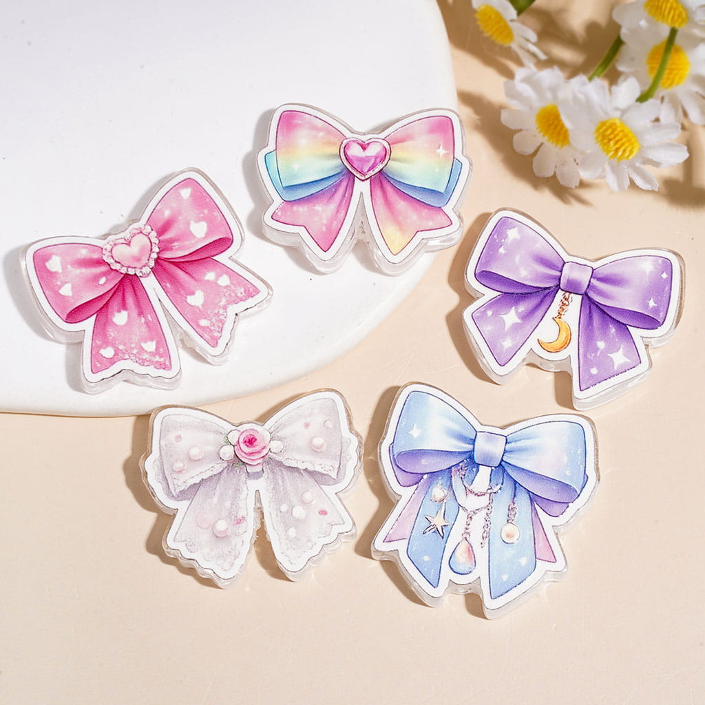 Acrylic Beads Bowtie with Moon Star Heart Rose Flower, Semi-Clear, Random Mix Multi-Color