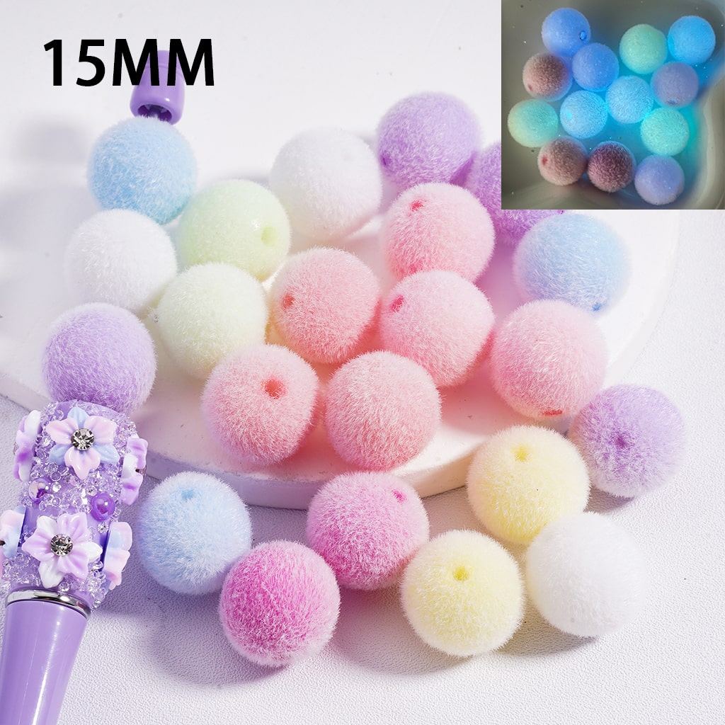 Pastel-colored fuzzy balls with a close-up inset on a white background