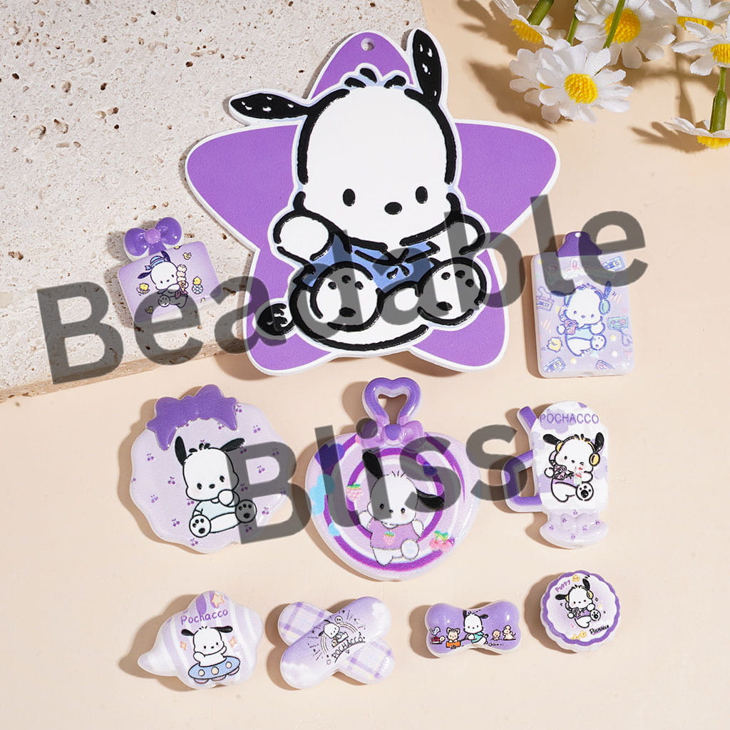 Acrylic Beads and Pendants Black-Eared Dog Character, Purple Series, Random Mix