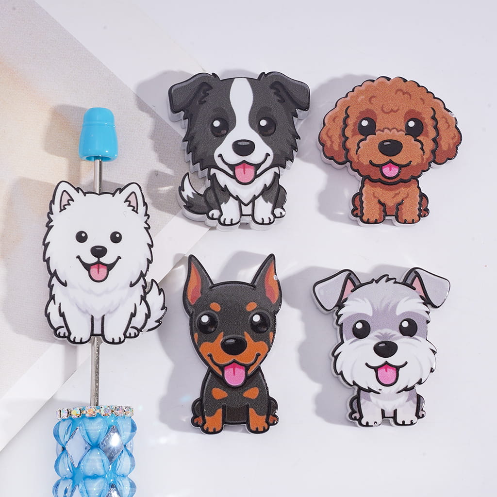 Five cartoon-style dog figurines on a white background