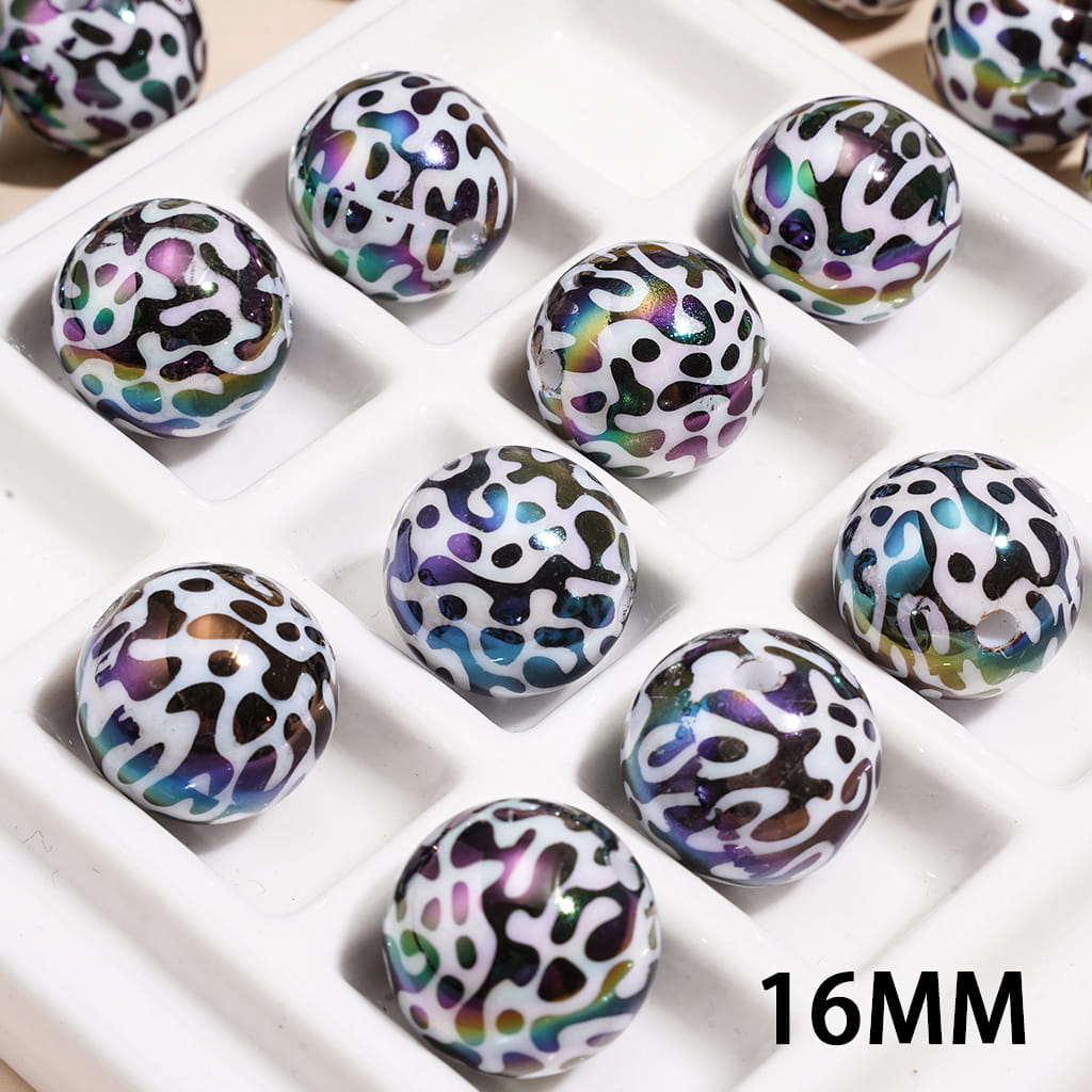 Acrylic Beads for Bracelets UV Coating with Black White Cow Pattern, 16MM