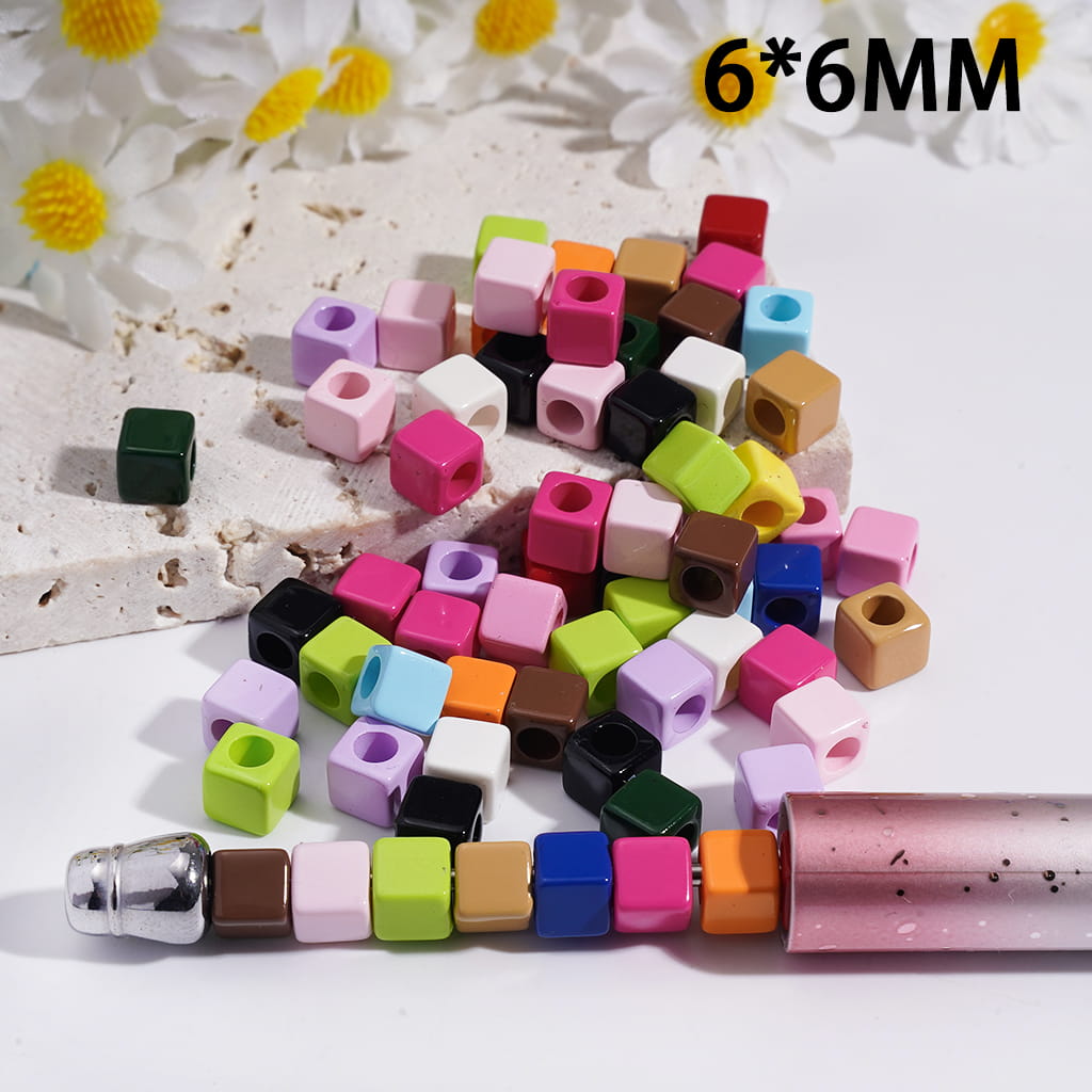 Acrylic Beads Cube Square Shape in Solid Color, 6*6MM, Random Mix (The Hole Diameter is Around 3MM)