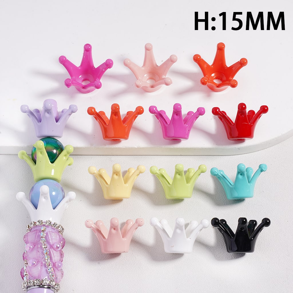 Colorful crown-shaped hair clips on a white background with height measurement H:15MM.