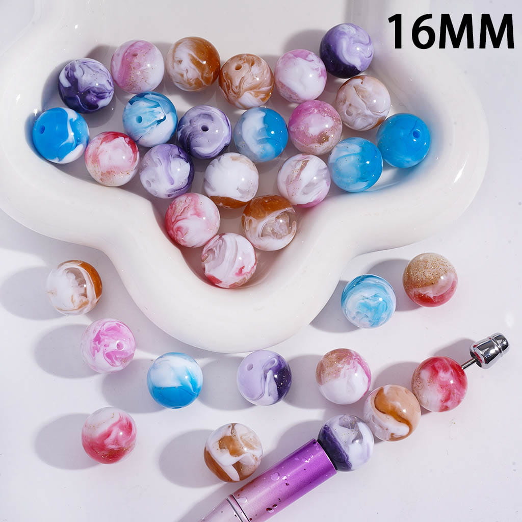 Acrylic Beads for Bracelets with Gold Glitter Creamy Cloud Texture, 16MM, Random Mix