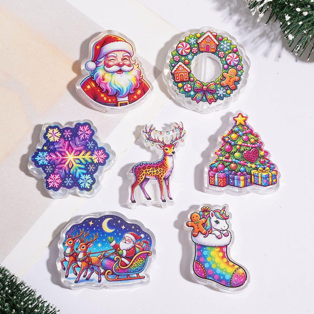 Rainbow Series Christmas Theme Acrylic Beads, Santa Claus Sock Tree Gift Box Snowman Gingerbread House Deer, Random Mix