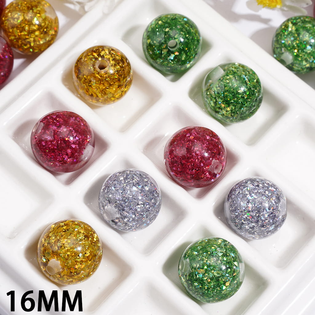 Various Broken Flake Sequin Embedded Inside Acrylic Beads for Bracelets, Semi-Clear, 16MM, Random Mix