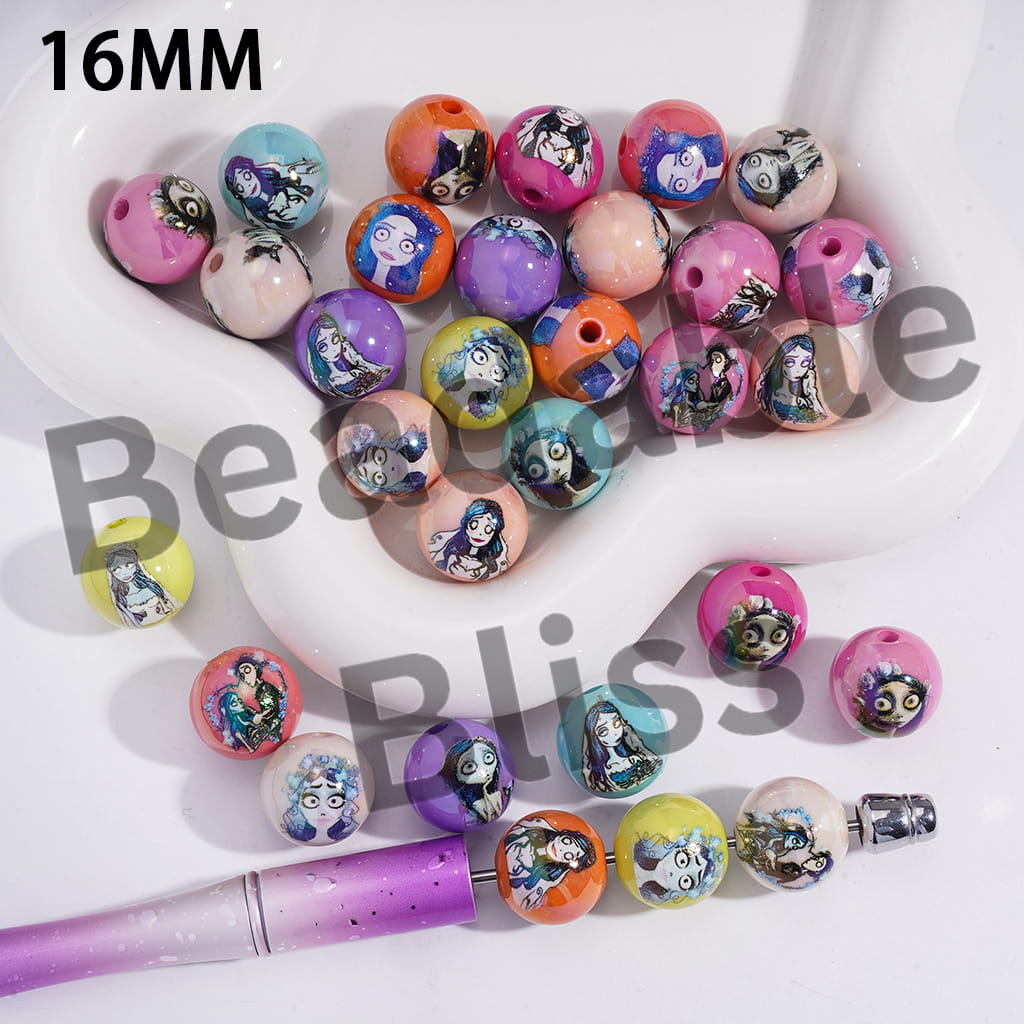 Acrylic Beads for Bracelets UV Coating w Halloween Skeleton Couple Character Prints, 16MM, Multi-Color, Random Mix