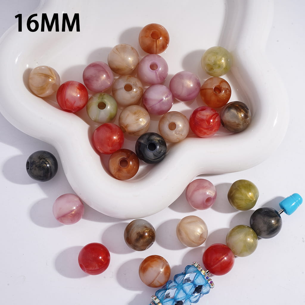 Acrylic Beads for Bracelets with Cloud Texture and Gold Glitter, 16MM, Random Mix