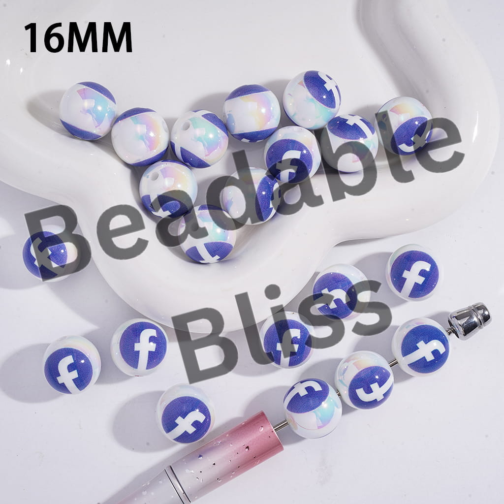Acrylic Beads for Bracelets UV Coating Blue White Social Platform Patterns, 16MM