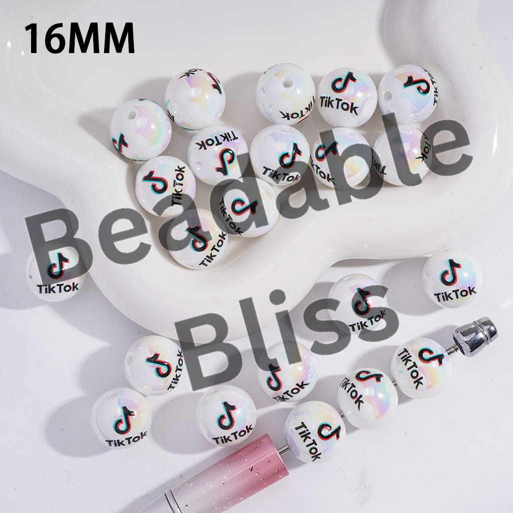 Acrylic Beads for Bracelets UV Coating Short-Video Software Patterns, 16MM