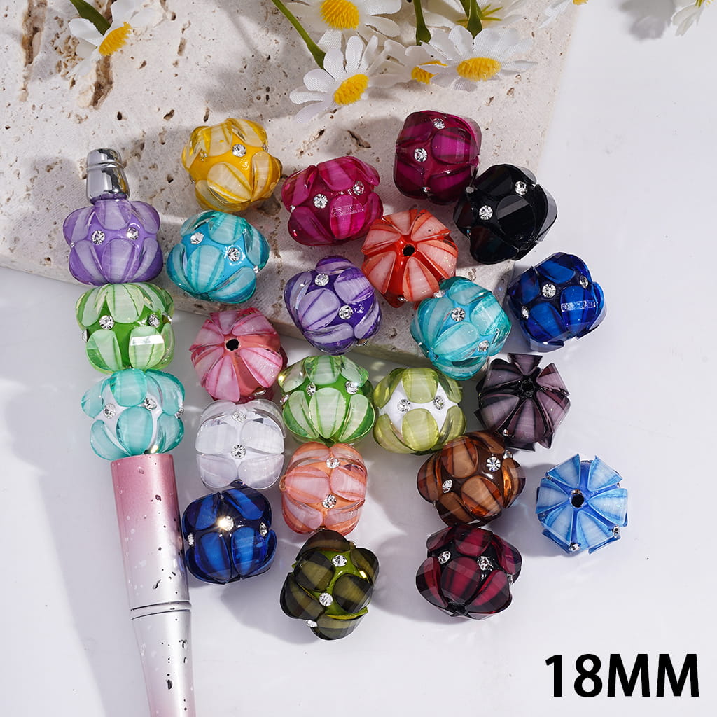 Clay Beads with Flower Petal and Clear Rhinestones, 18MM, Multi-Color, Random Mix