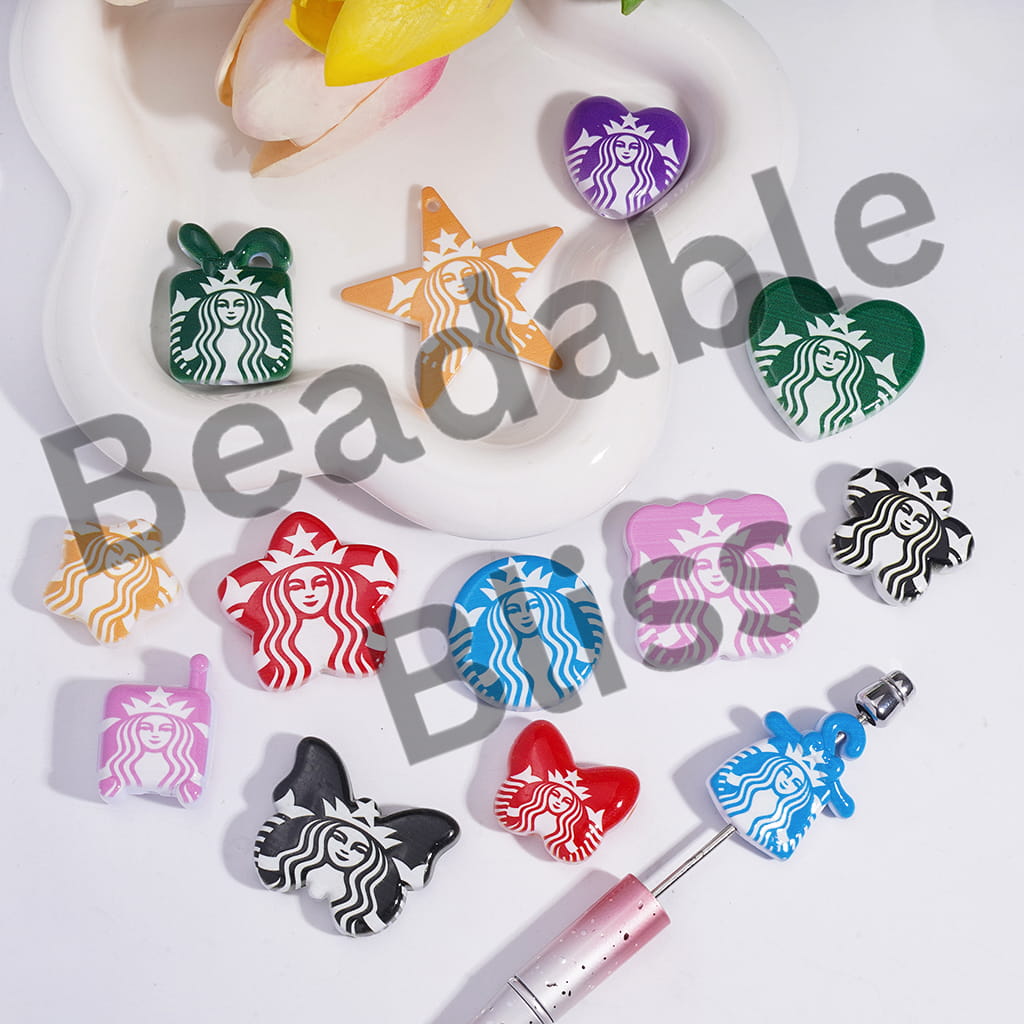 Acrylic Beads Pendant with Coffee Prints, Various Shapes, Random Mix