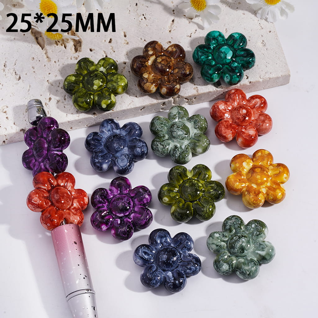 Acrylic Beads Flower with Marble Texture, 25*25MM, Multi-Color, Random Mix