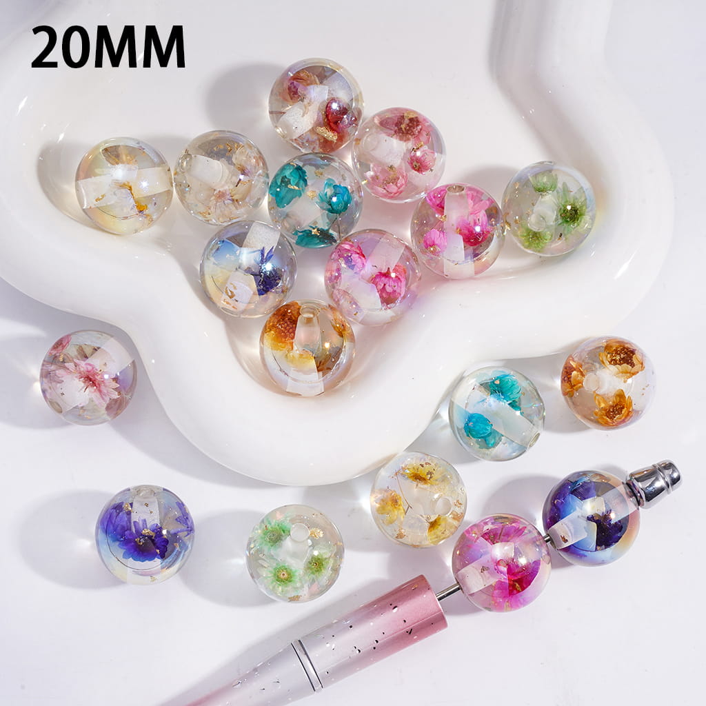 Acrylic Beads for Bracelets UV Coating with Dried Flowers and Gold Foil Paper, 20MM, Clear, Random Mix